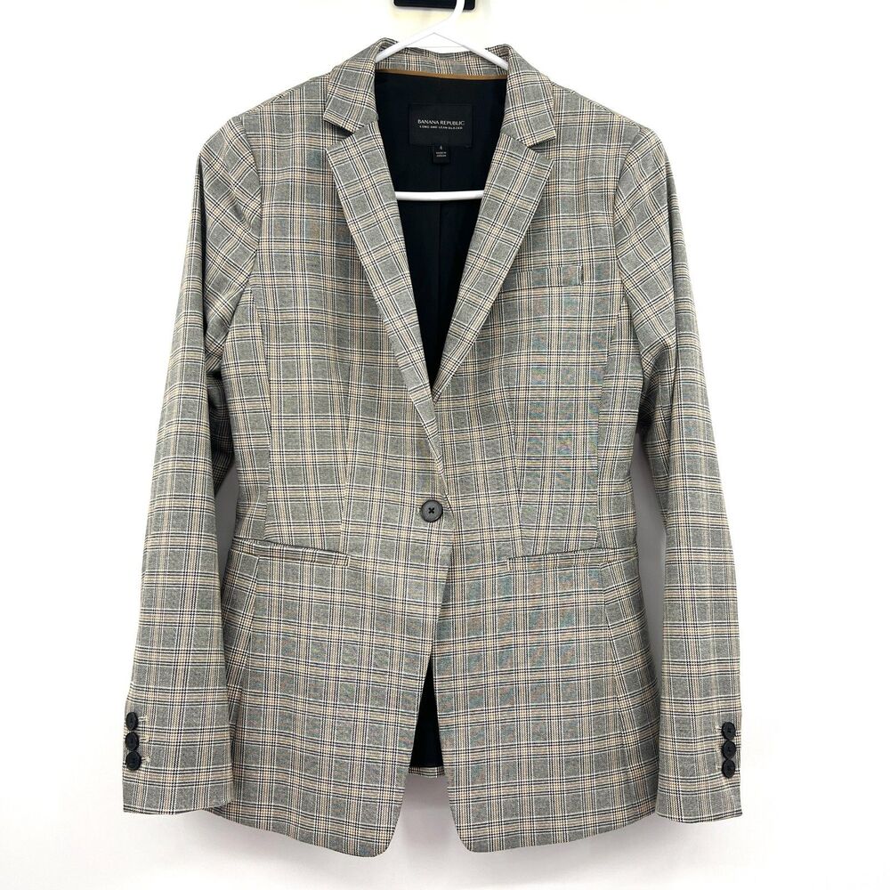 Banana Republic Long and Lean Blazer Womens 4 Gray Plaid Glen Check Lined